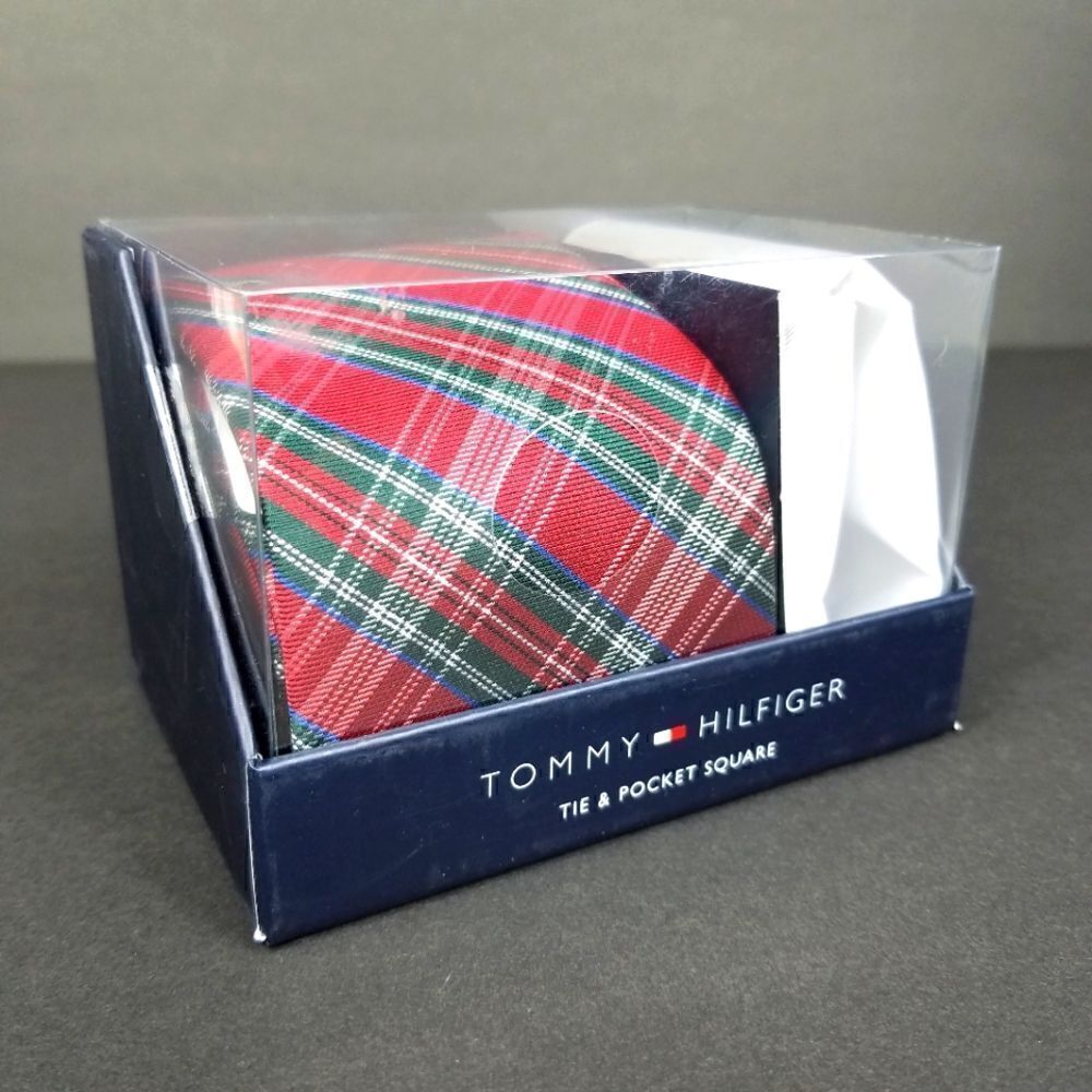 Tommy Hilfiger Red and Green Tartan Plaid Tie & Pocket Square Set - Picture 2 of 5